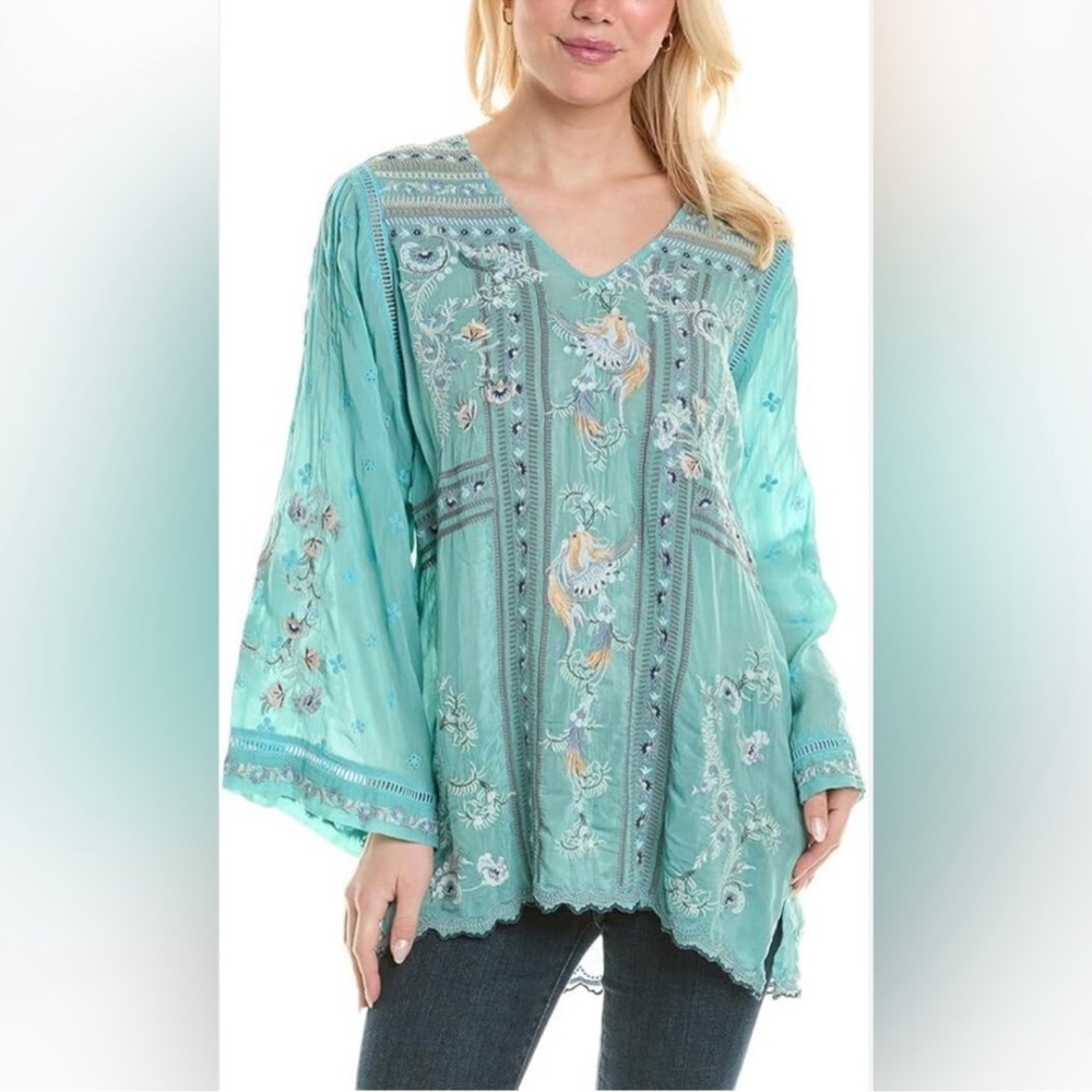 Johnny was M Embroidered Teal Women's Top